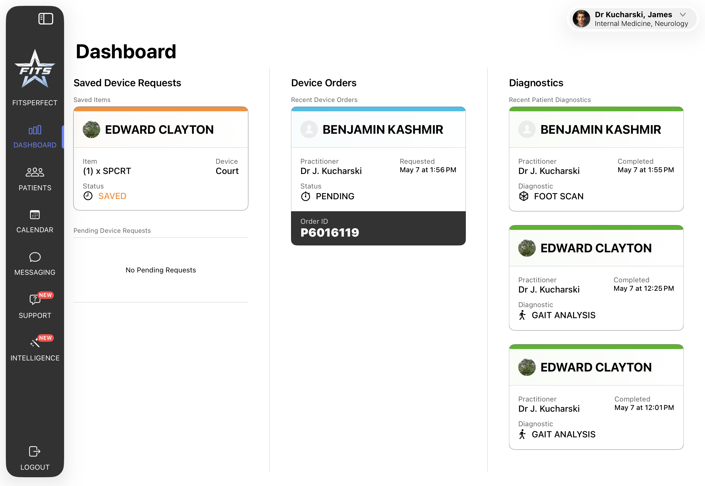 FitsPro dashboard showing org-wide saved orders, device orders, and recent diagnostics