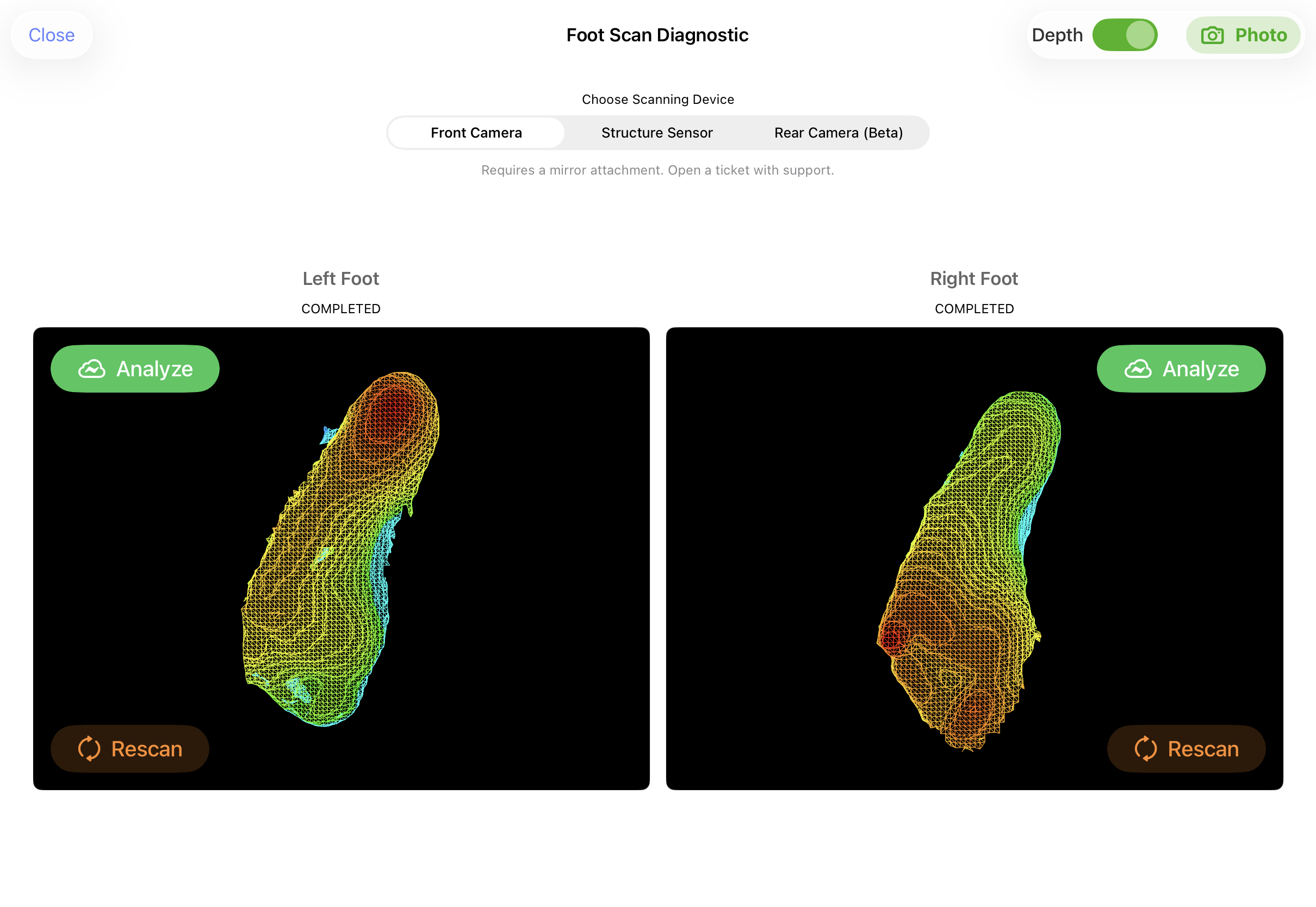 Real-time 3D foot scan with depth visualization in FitsPro